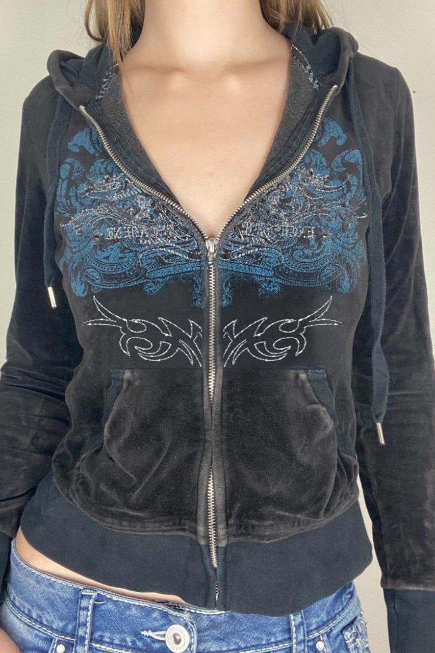 Printed Rhinestone Zip-Up Hoodie Main image