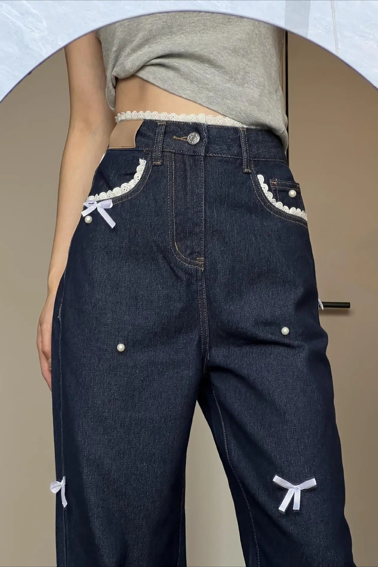 Style Lace Butterfly Knot Wide Leg Jeans Secondary image