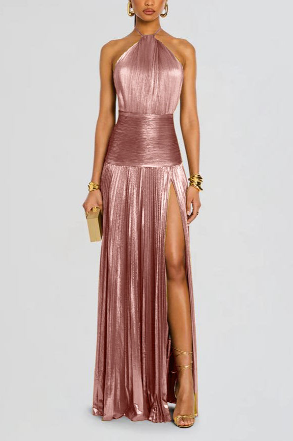 Metallic Pleated Slit Tie Halter Sleeveless Formal Dress Main image