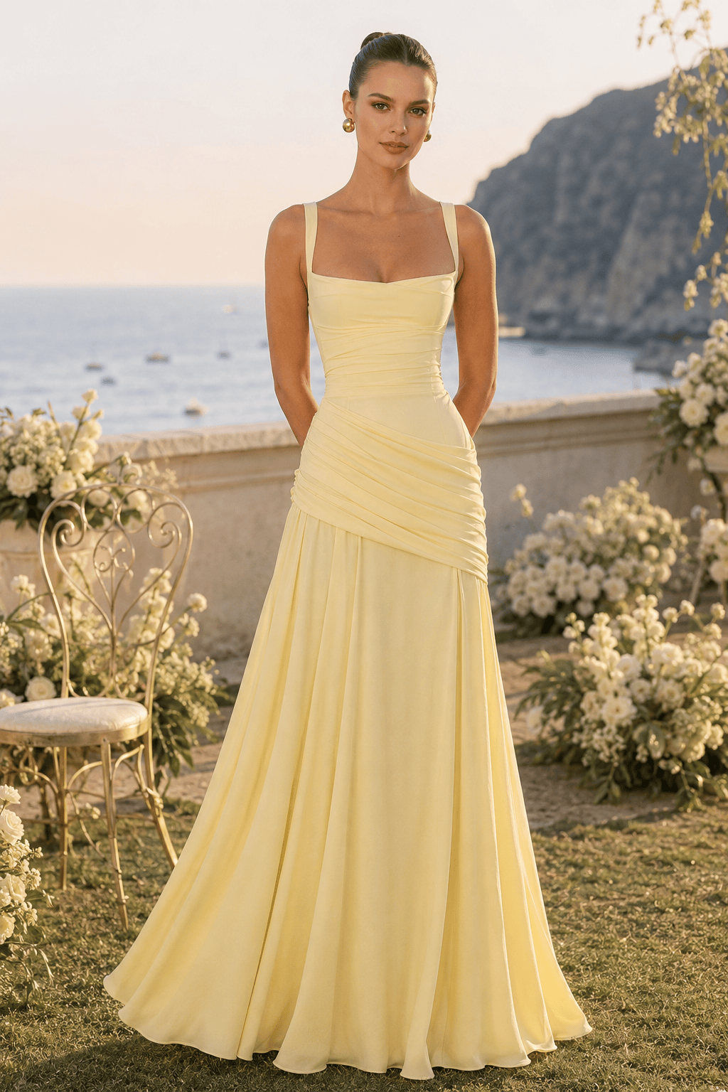 Solid Plunge Ruched Waist Backless Slip Dress Main image