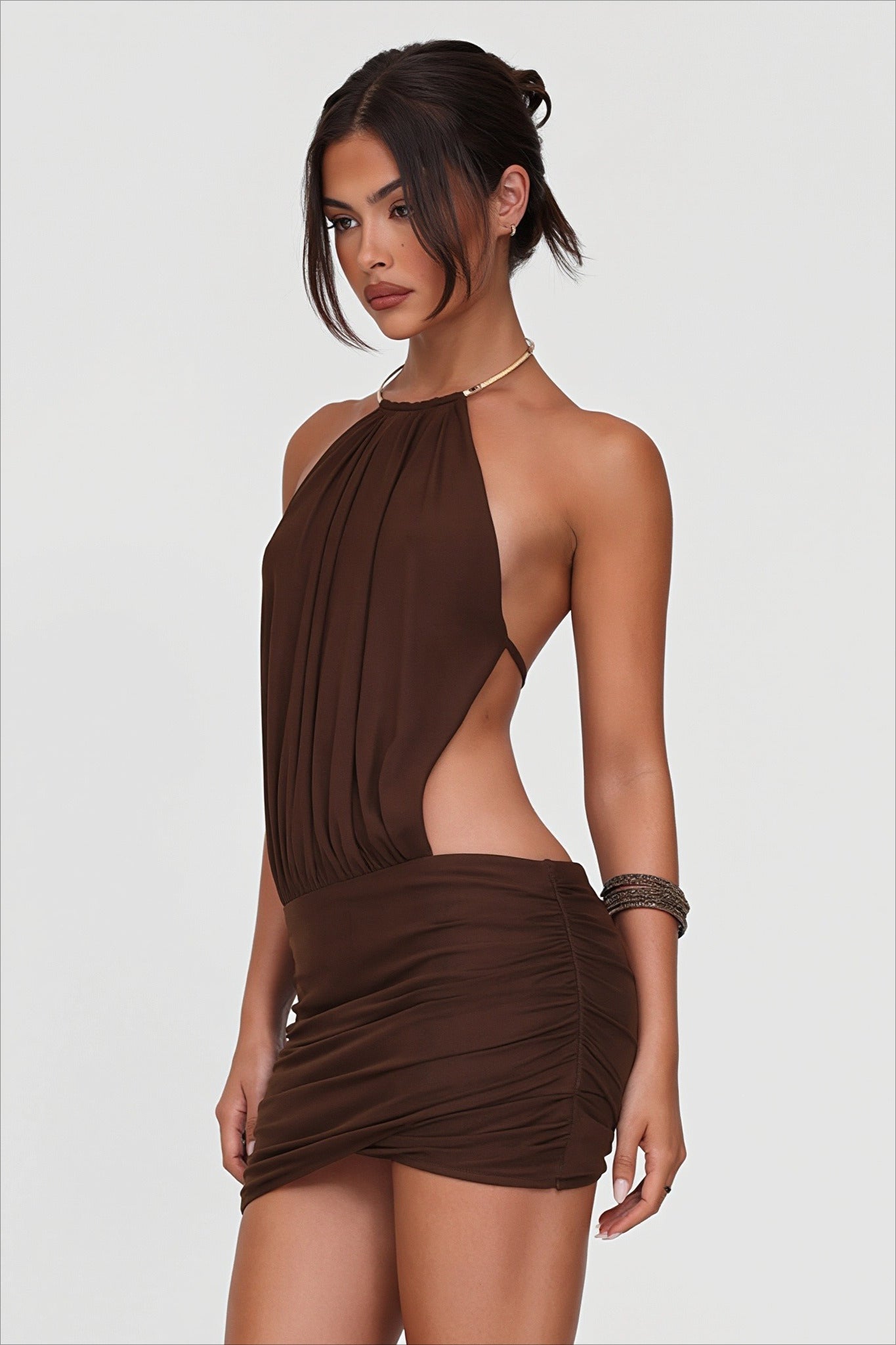 Metal Ring Halter Cutout Ruched Bodycon Mini Dress