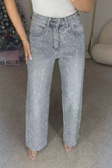 High Waist Crystal Embellished Washed Straight Jeans