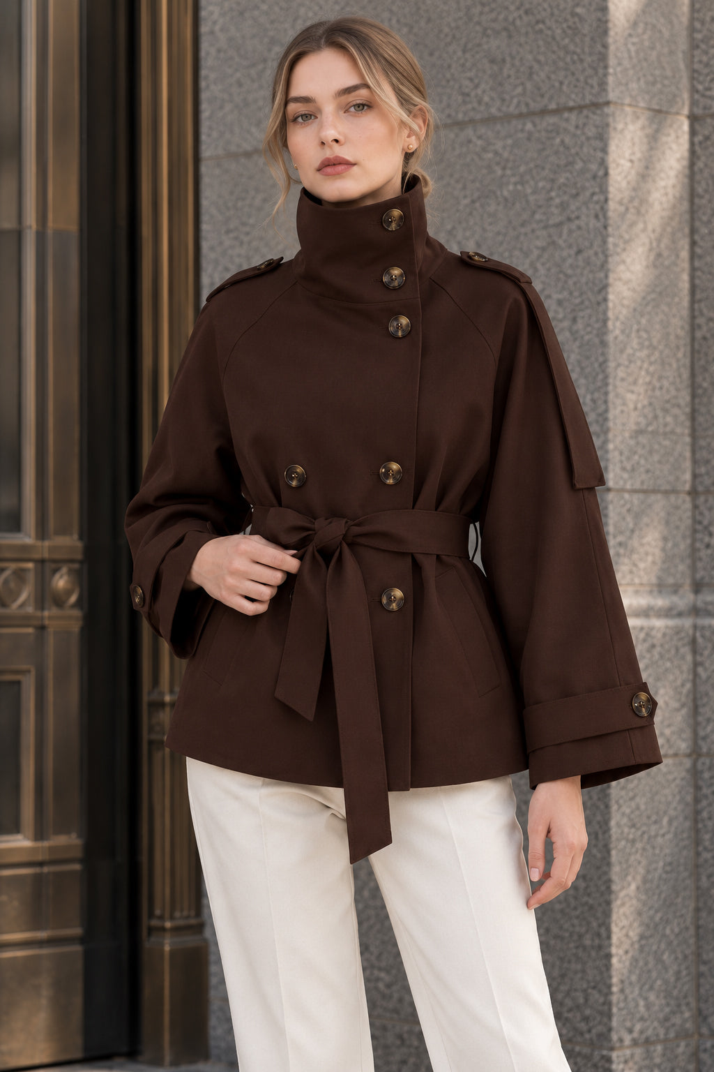 Turtleneck Double Breasted Waist Tie Coat Secondary image
