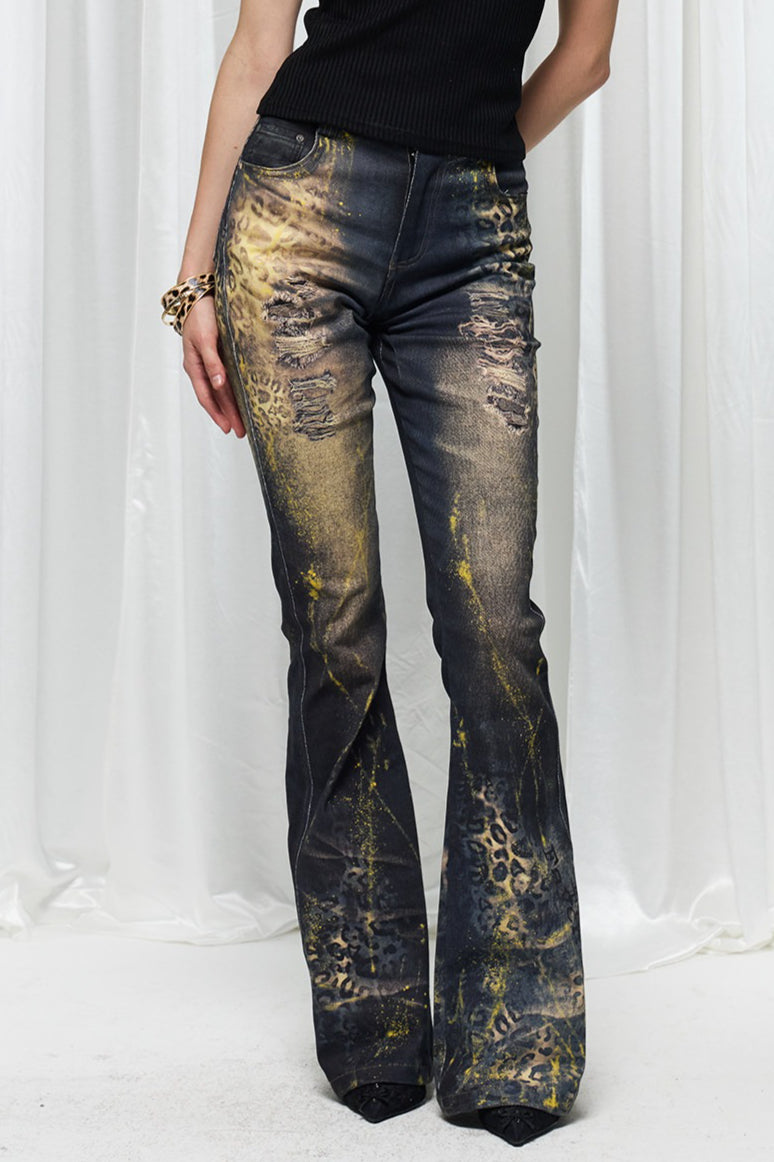 Ornate Graphic Plus Size Washed Flare Jeans
