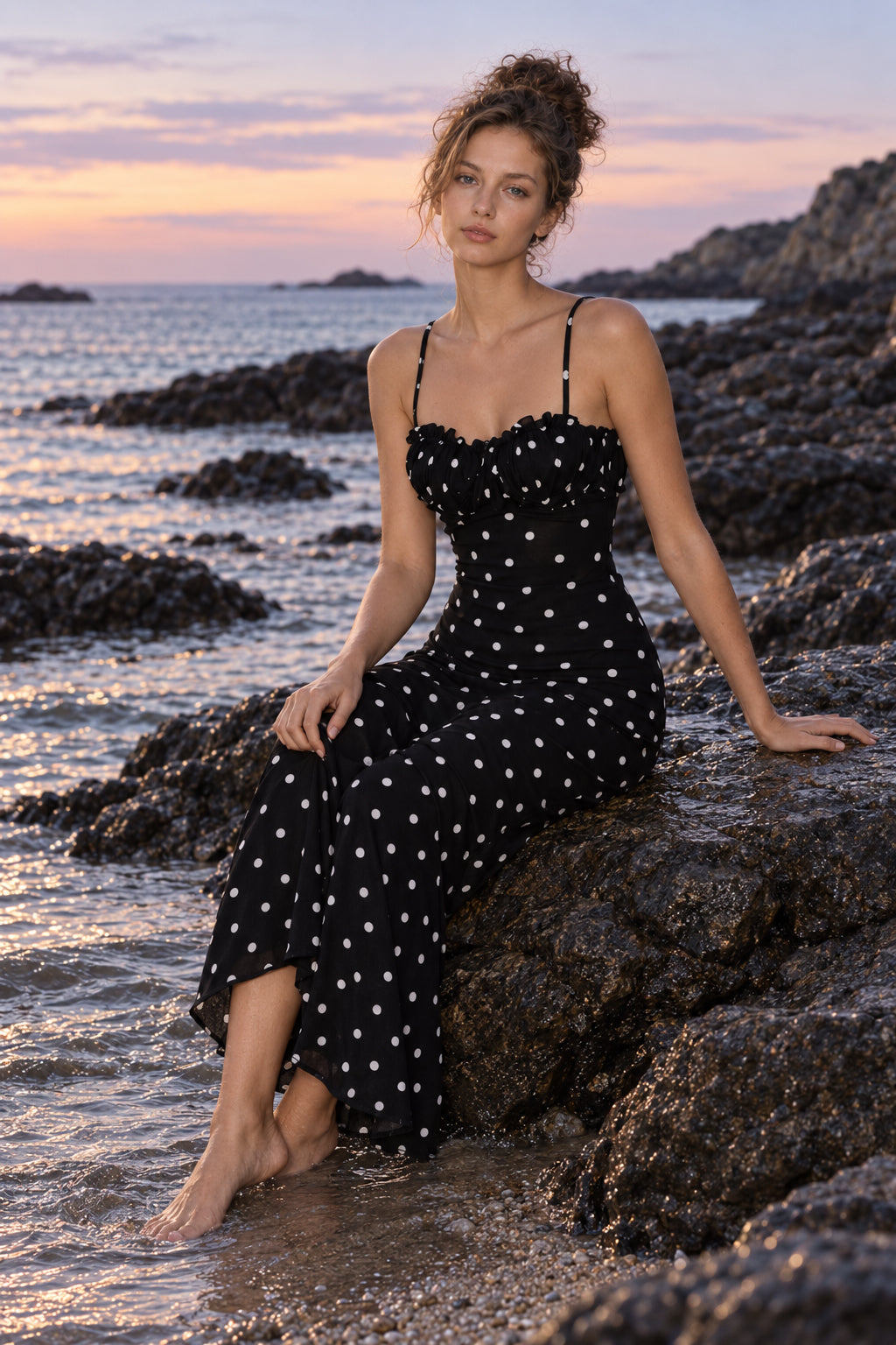 Polka Dot Backless Cami Bodycon Maxi Dress