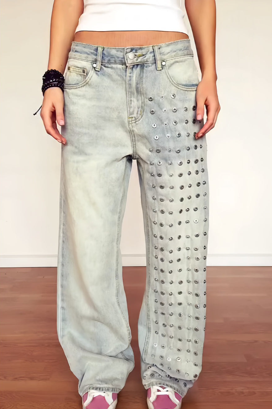 Snap Detail Panel Washed Jeans