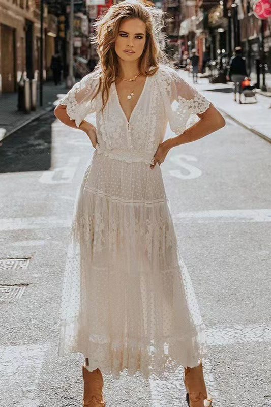 Short Sleeve V Neck Lace Boho Dress Main image
