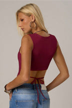 Burgundy Crew Neck Fitted Crop Top