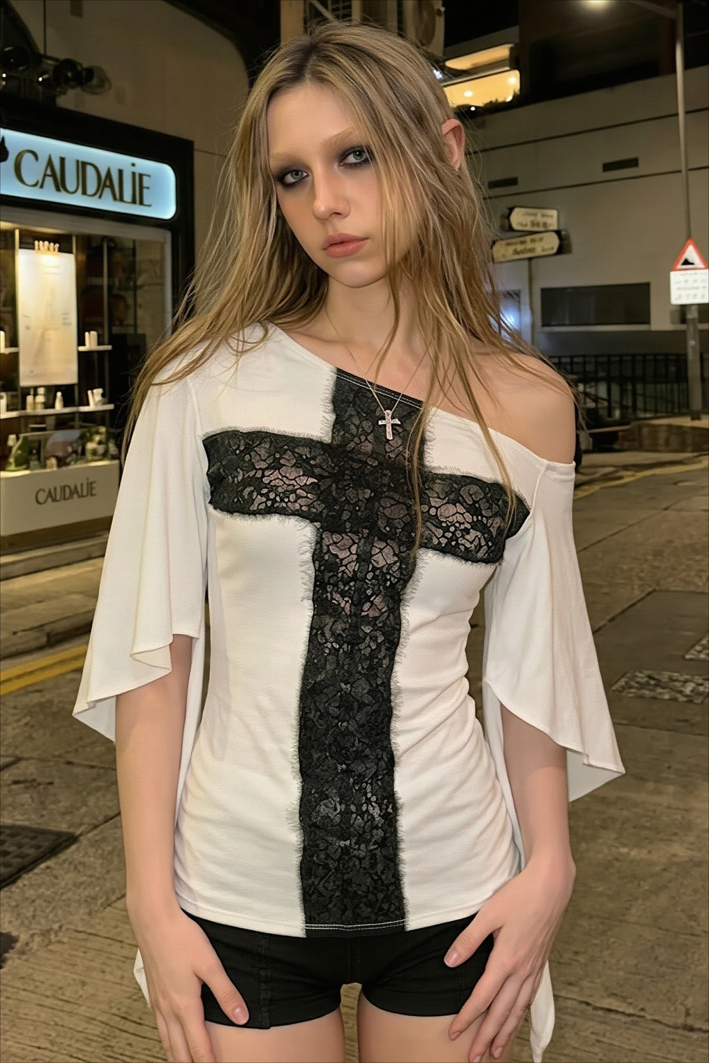 Lace Cross Bell Sleeve Off Shoulder T-Shirt