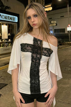 Lace Cross Bell Sleeve Off Shoulder T-Shirt