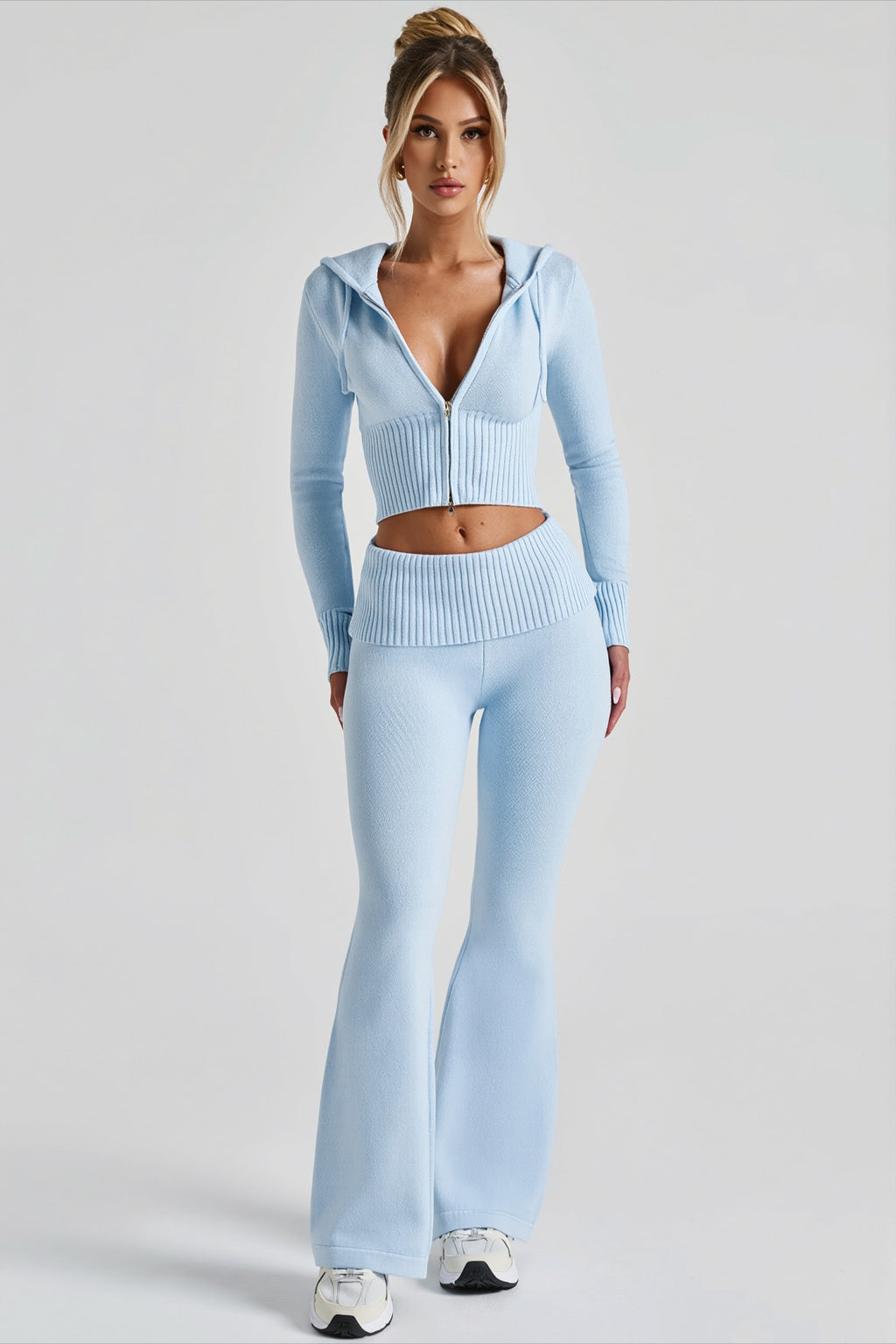 Cropped Zip Hoodie Flared Pants Two Piece Set