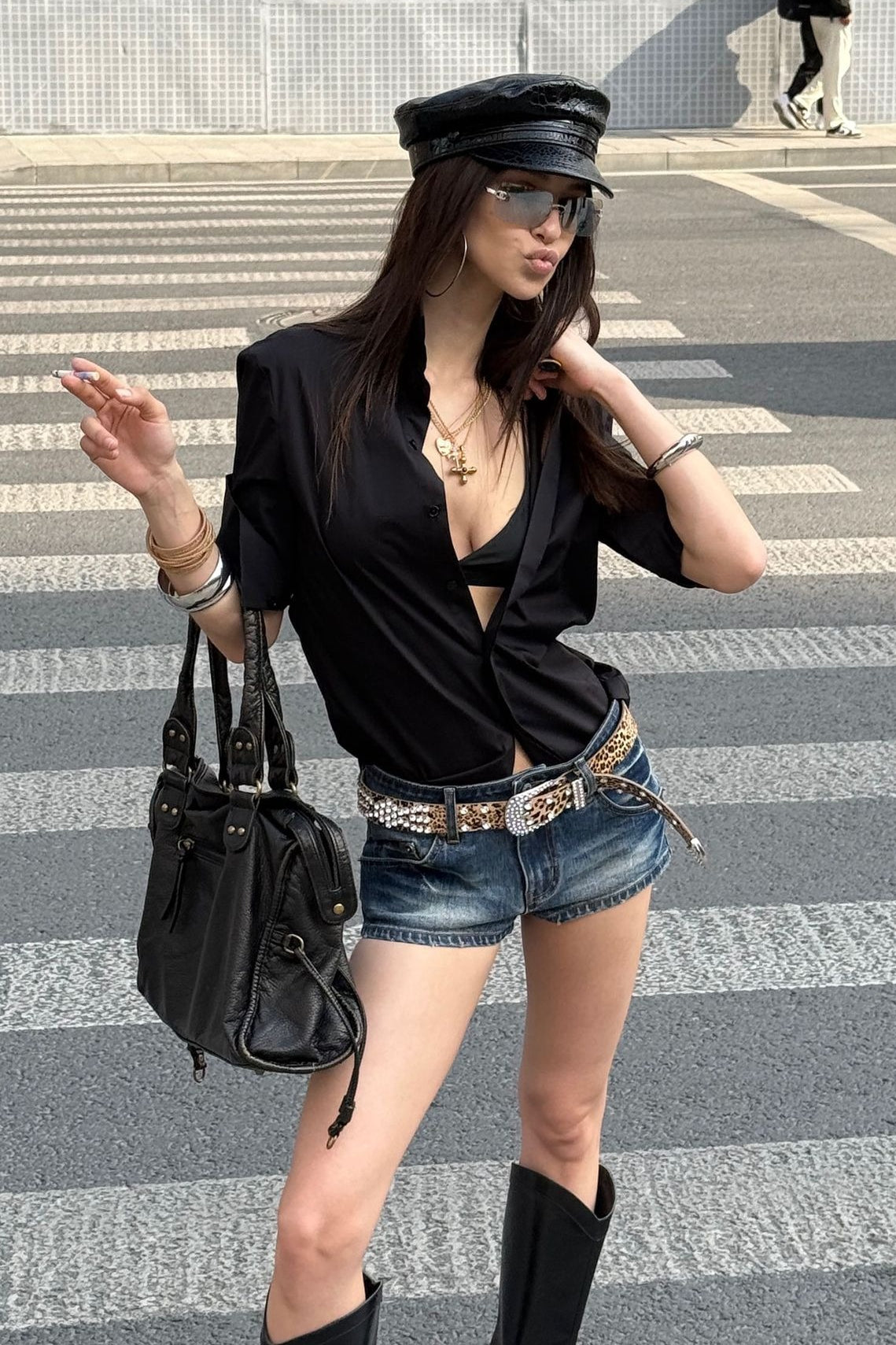 Oversized Short Sleeve Longline Button Front Blouse