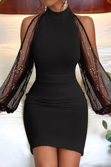 Sequin Patchwork One Shoulder Long Sleeve Bodycon Cocktail Dress
