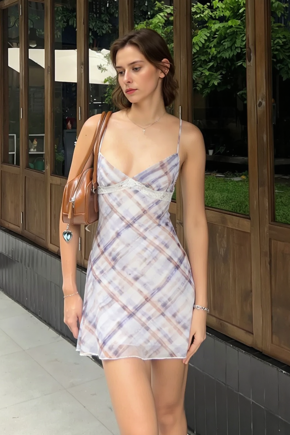 Plaid Lace Trim Bow V Neck Adjustable Slip Dress Main image