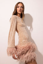 Sequin Feather Trim Open Back Mini Party Dress