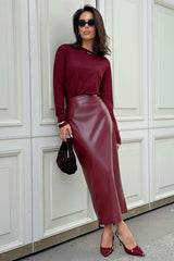 Anchor Red High Waist Slit Pencil Skirt