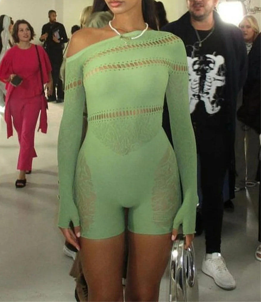 Rhinestone See Through Off Shoulder Romper Main image