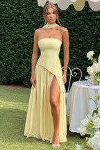 Strapless Contrast Panel High Slit Party Dress
