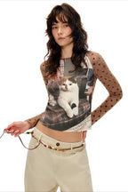 Cat Graphic Polka Dot Mesh Sleeve T-Shirt