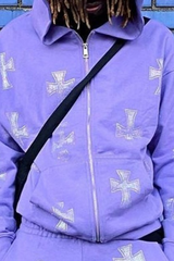 Casual Loose Rhinestone Hooded Zip Hoodie