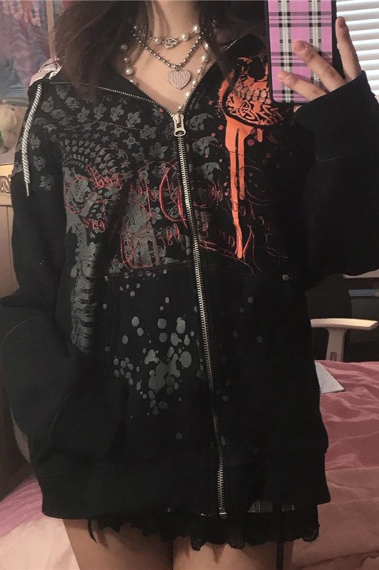 Fleece Lined Zip Loose Thickened Gothic Hoodie Main image