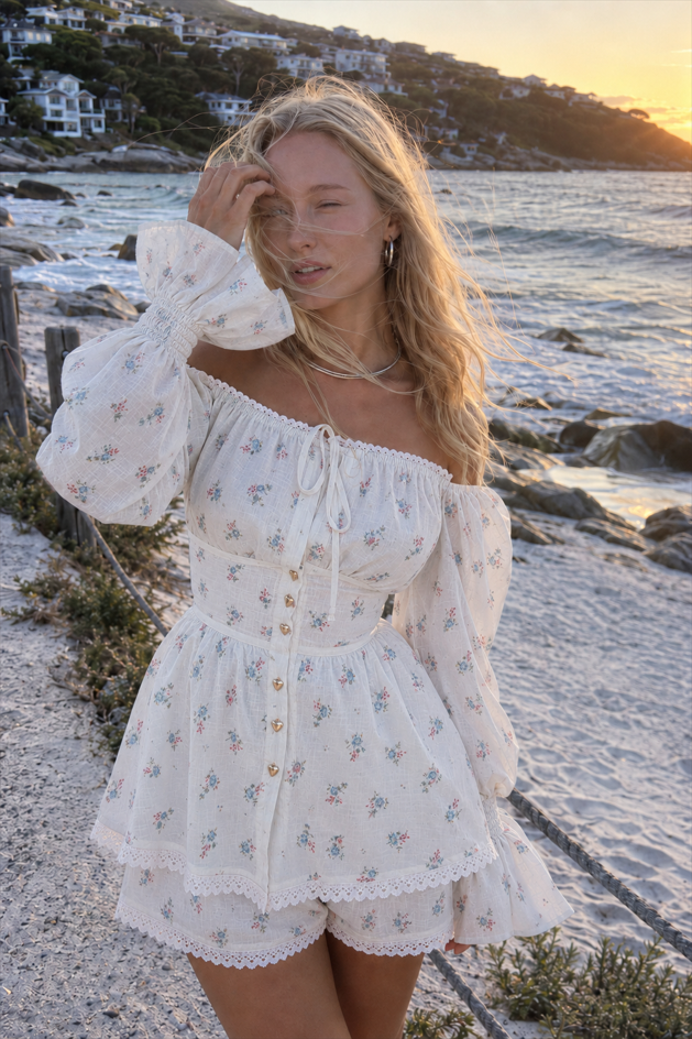 Lantern Sleeve Lace Up Off Shoulder Top Two Piece Shorts Set Secondary image