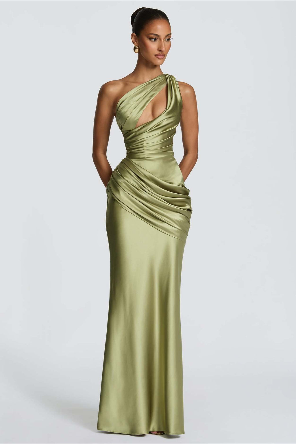 One Shoulder Cutout Ruched Satin Maxi Dress