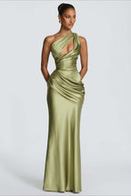 One Shoulder Cutout Ruched Satin Maxi Dress
