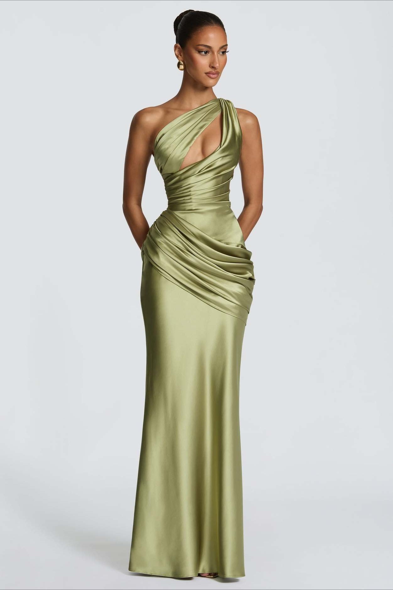 One Shoulder Cutout Ruched Satin Maxi Dress