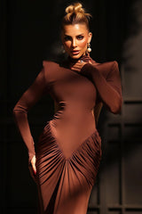 Elegant Solid Turtleneck Long Sleeve Ruched Bodycon Dress