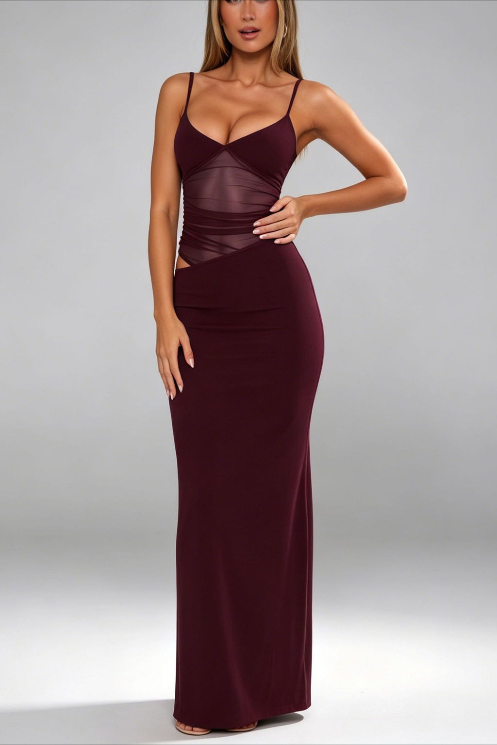 Cutout Mesh Panel Bodycon Maxi Party Dress
