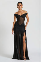 Off Shoulder Mesh Panel Ruched Party Dress