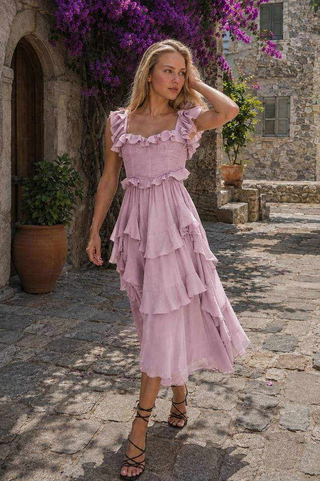 Lace Backless Tiered Ruffle Long Prom Dress