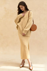 Lazy V-neck Knit Sweater Mermaid Skirt Two Piece Set