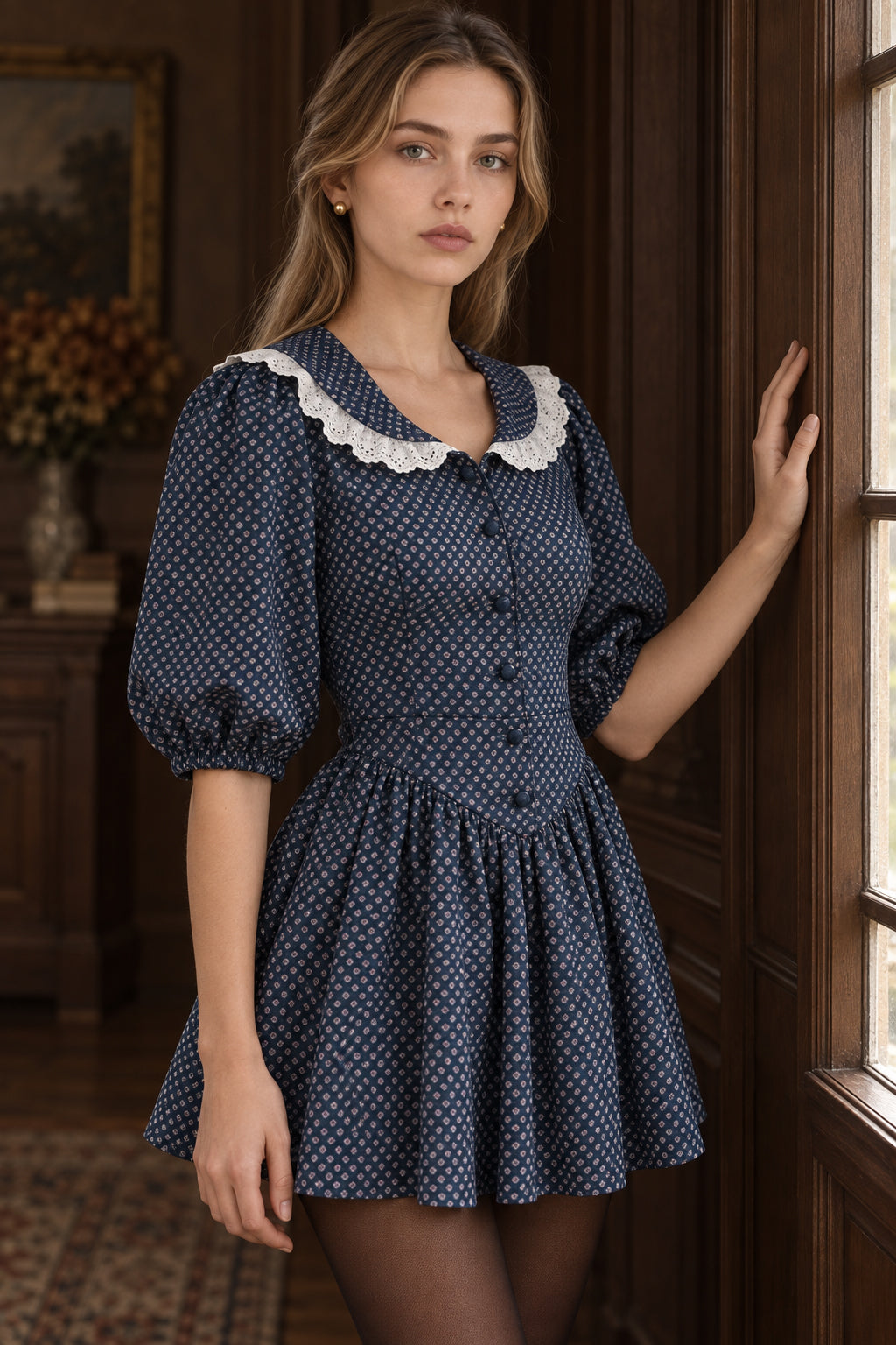 Vintage Polka Dot Peter Pan Collar Puff Sleeve Mini Dress