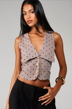 Polka Dot Collared Button Front Vest Crop Top