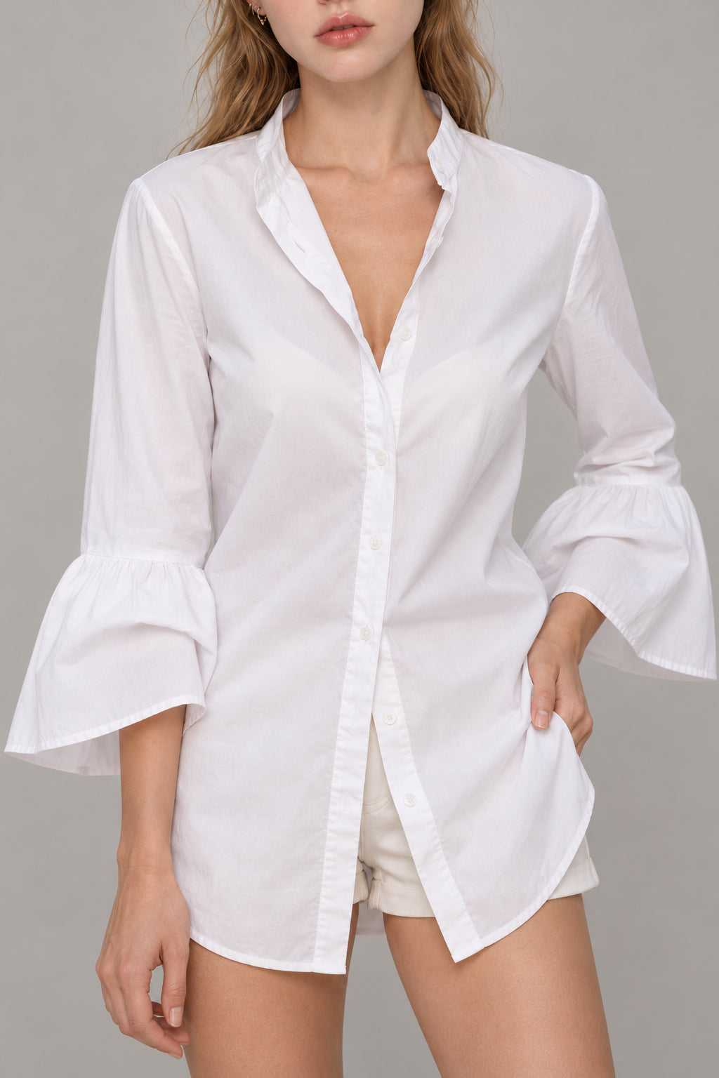 Flare Sleeve Solid Color V Neck Blouse