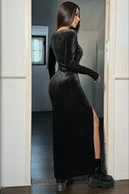 High Waist Split Velvet Maxi Dress