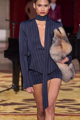 Contrast Stripe Print Slim Waist Cinched Two Piece Set