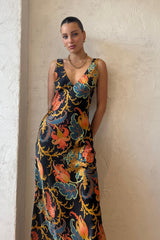 Satin V-Neck Floral Maxi Silk Dress