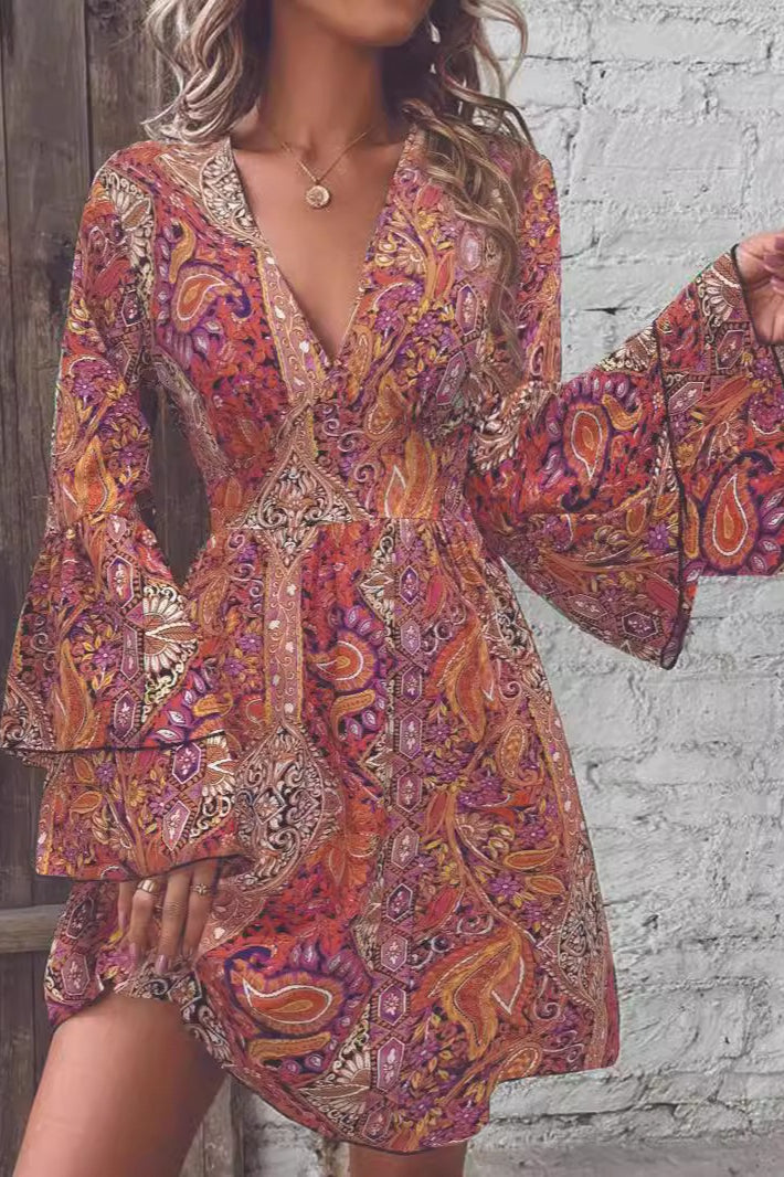 Elegant Paisley Print V Neck Bell Sleeve Boho Dress Main image