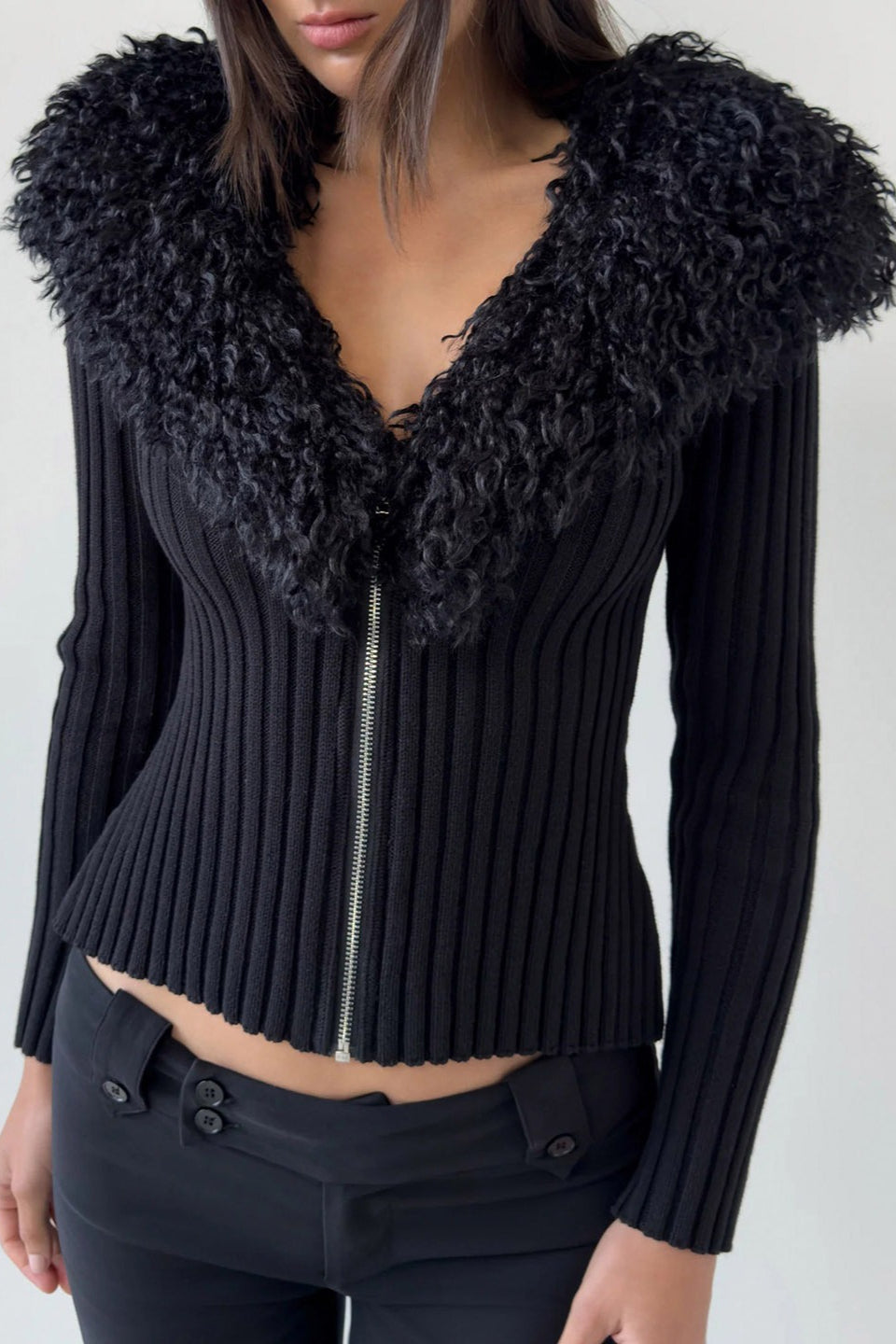 Black Plush Collar Fitted Zip Cardigan Sweater