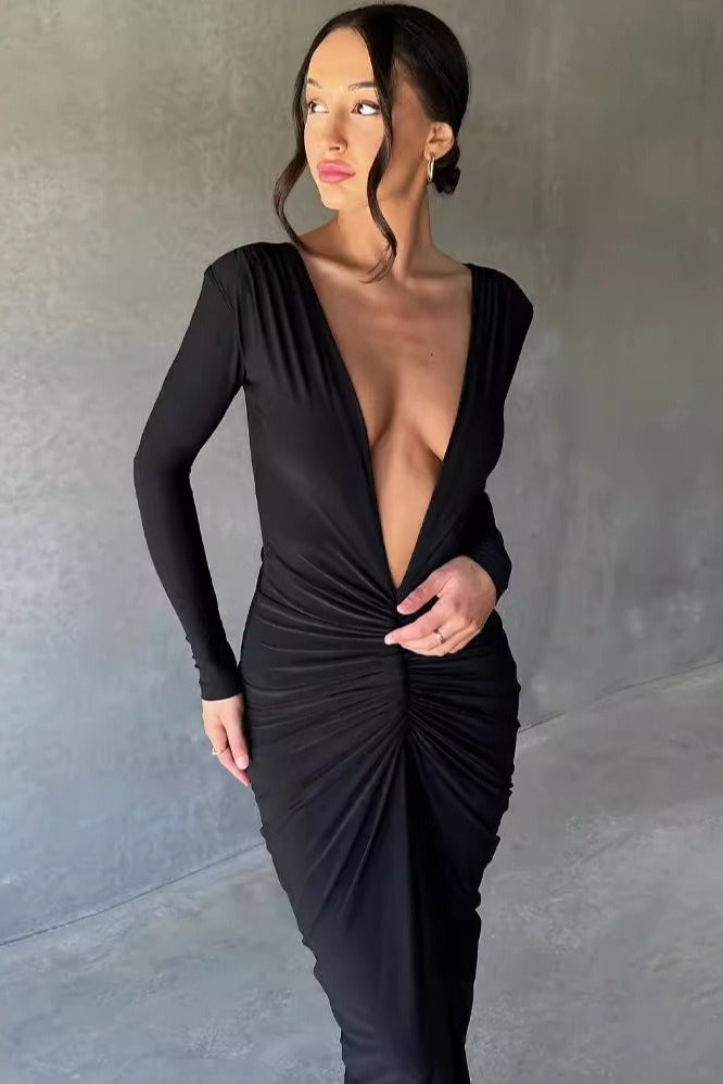 V Neck Bodycon Ruched Solid Long Sleeve Formal Dress Main image