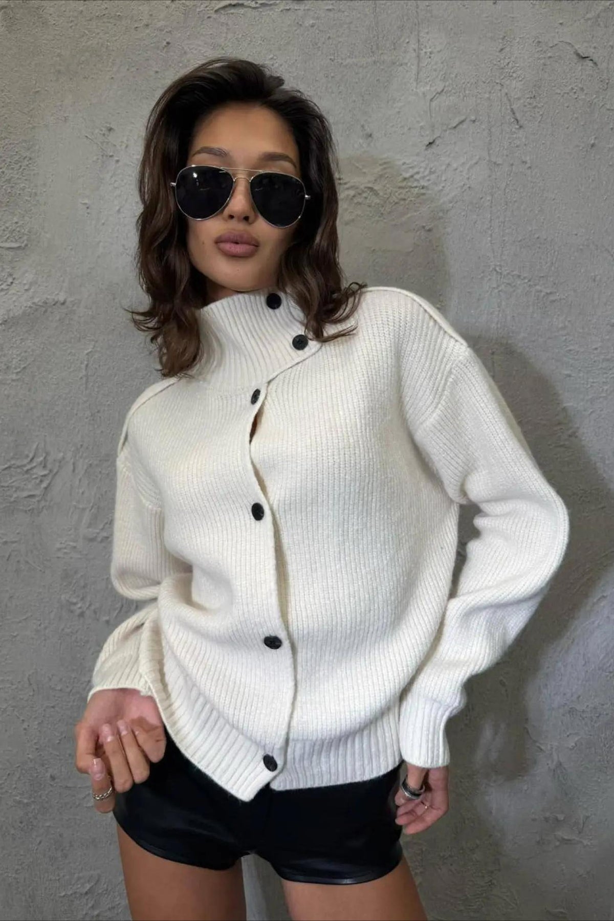 High Collar Button Front Relaxed Cardigan Sweater Main image