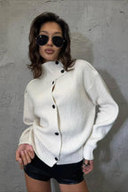 High Collar Button Front Relaxed Cardigan Sweater