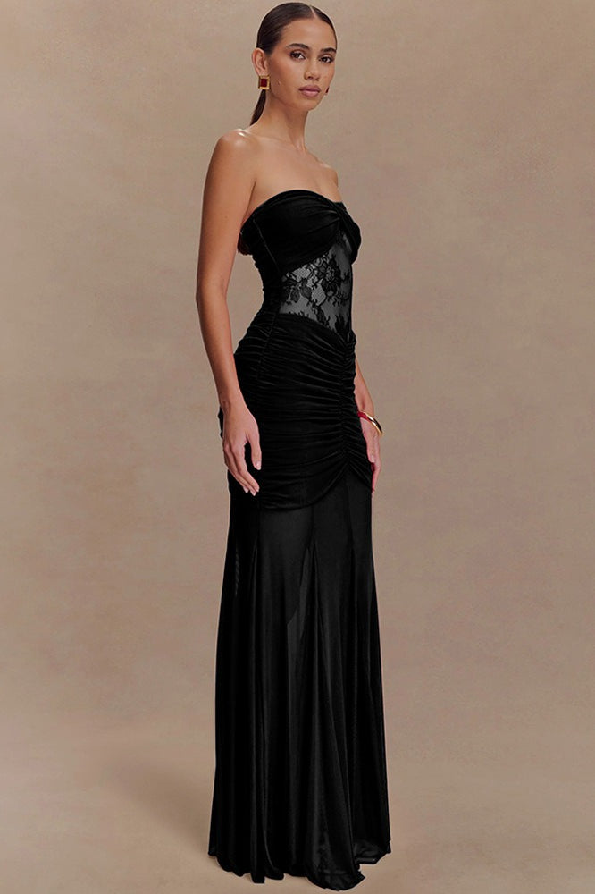 Lace Strapless Ruching Hollow Slim Long Lace Dress