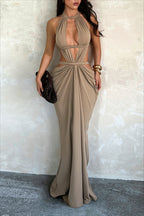 Cutout Halter Ruched Fitted Maxi Party Dress