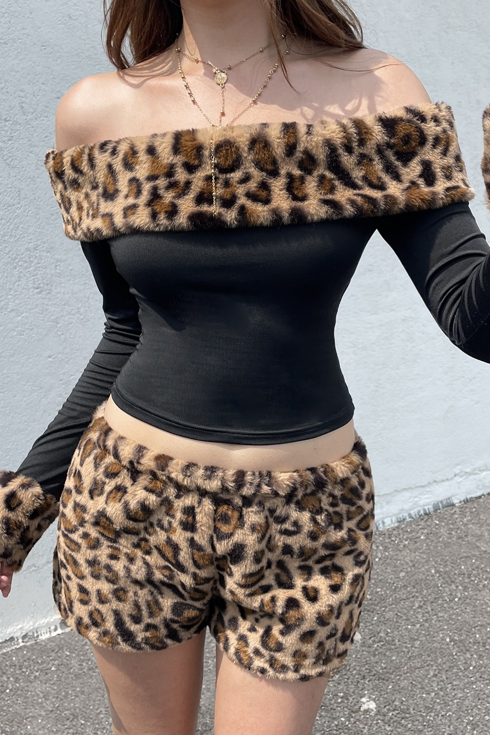 Fuzzy Paneled Leopard Print Off Shoulder Crop Top Secondary image