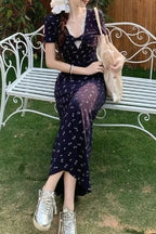 V-neck Waist-cinching Slim Floral Dress