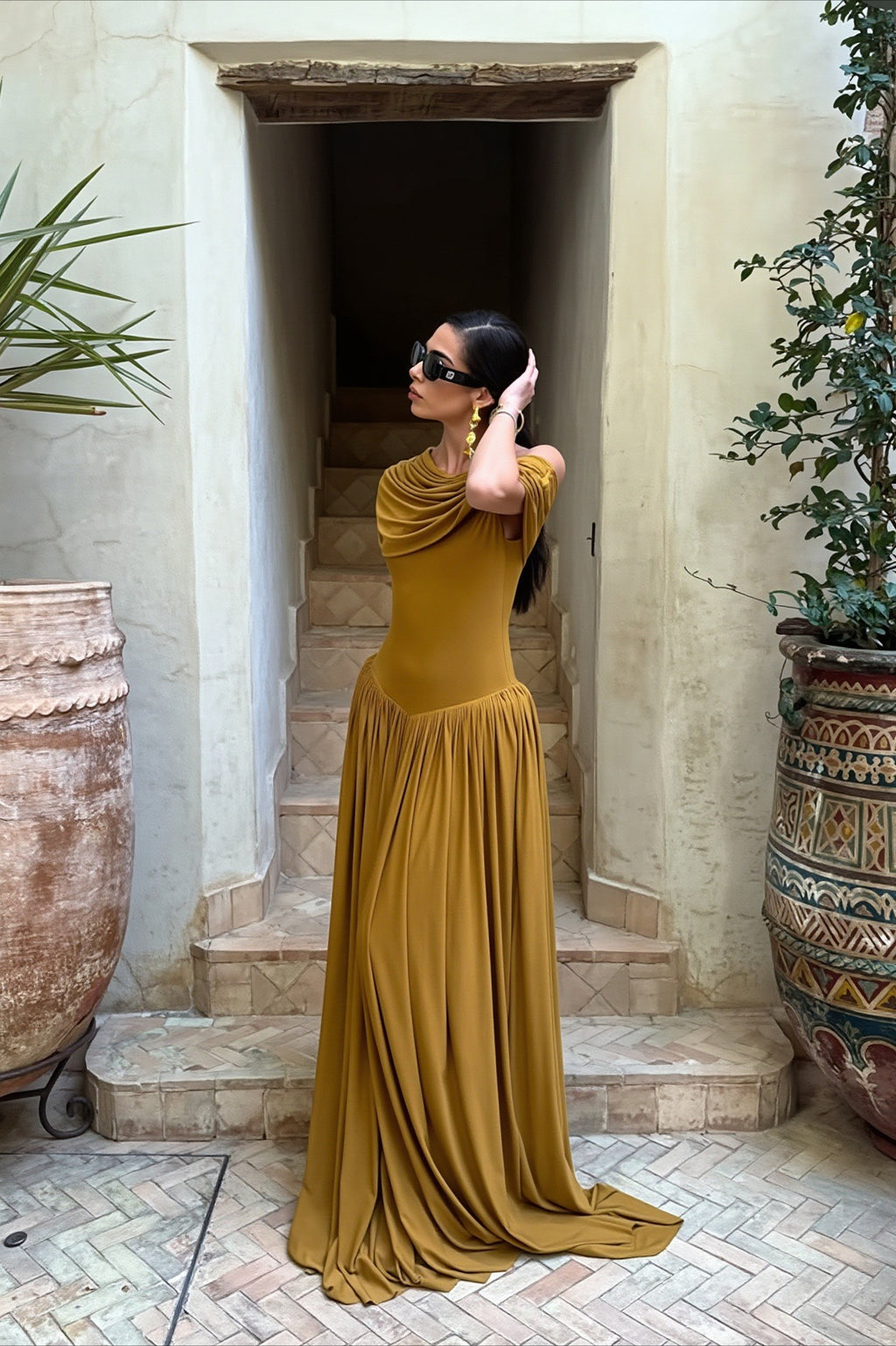 Draped Off Shoulder Drop Waist Maxi Dress